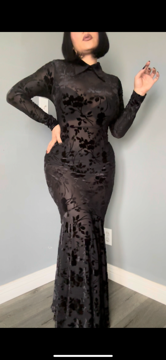 Ophelia - Velvet Flocked Lace Up Maxi Mermaid Dress