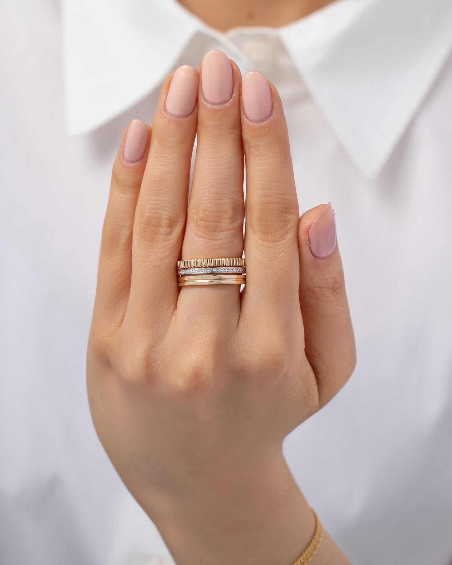 14K Gold Diamond Ribbed Ring Stack