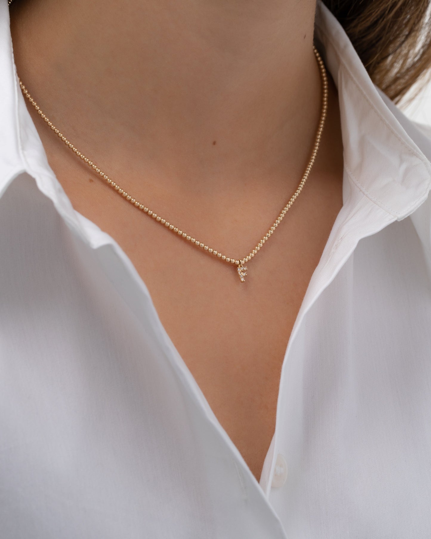 14K Gold Mini Diamond Initial Bead Necklace