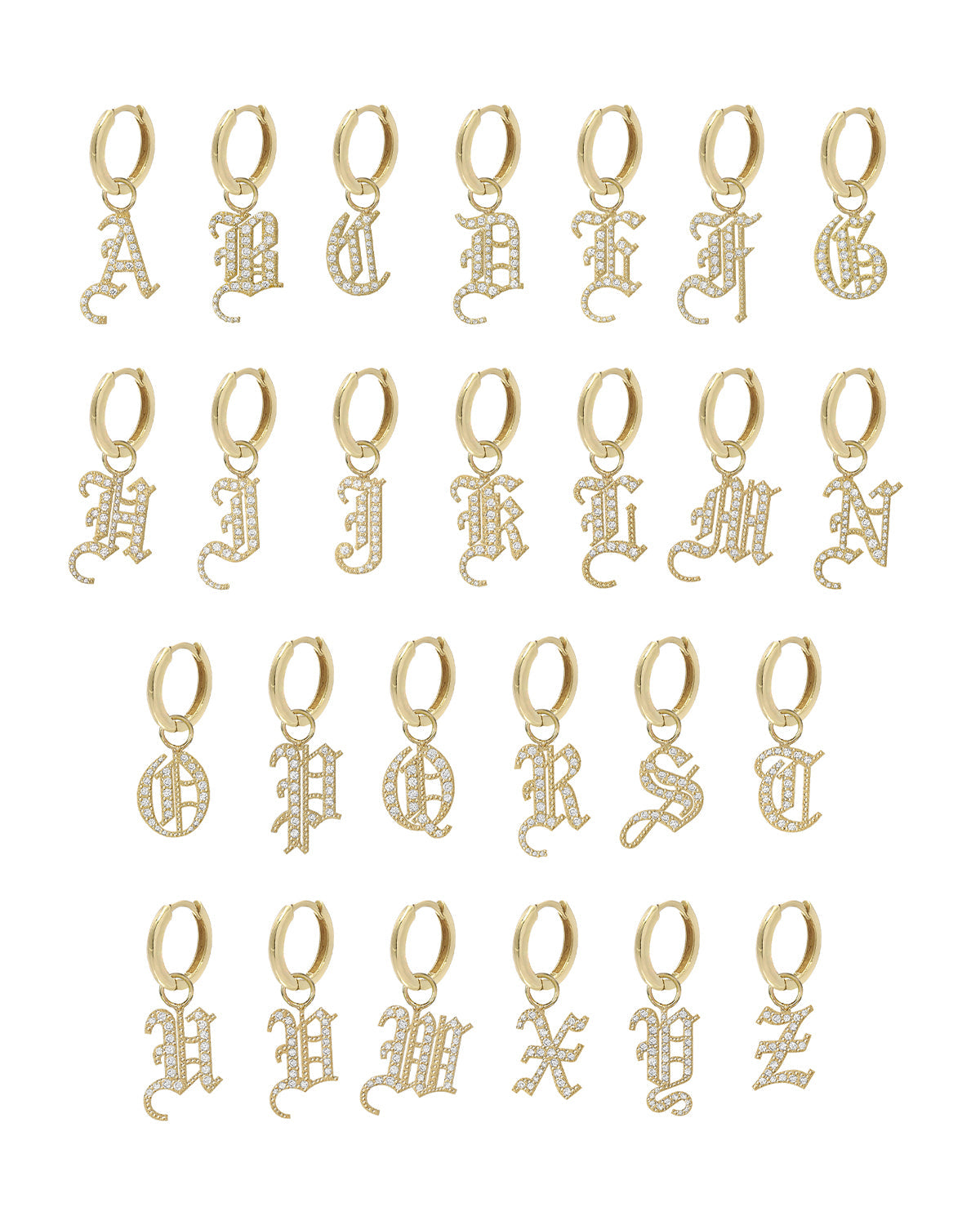 14k Gold Mini Huggie Earring with Diamond Gothic Initial Charm