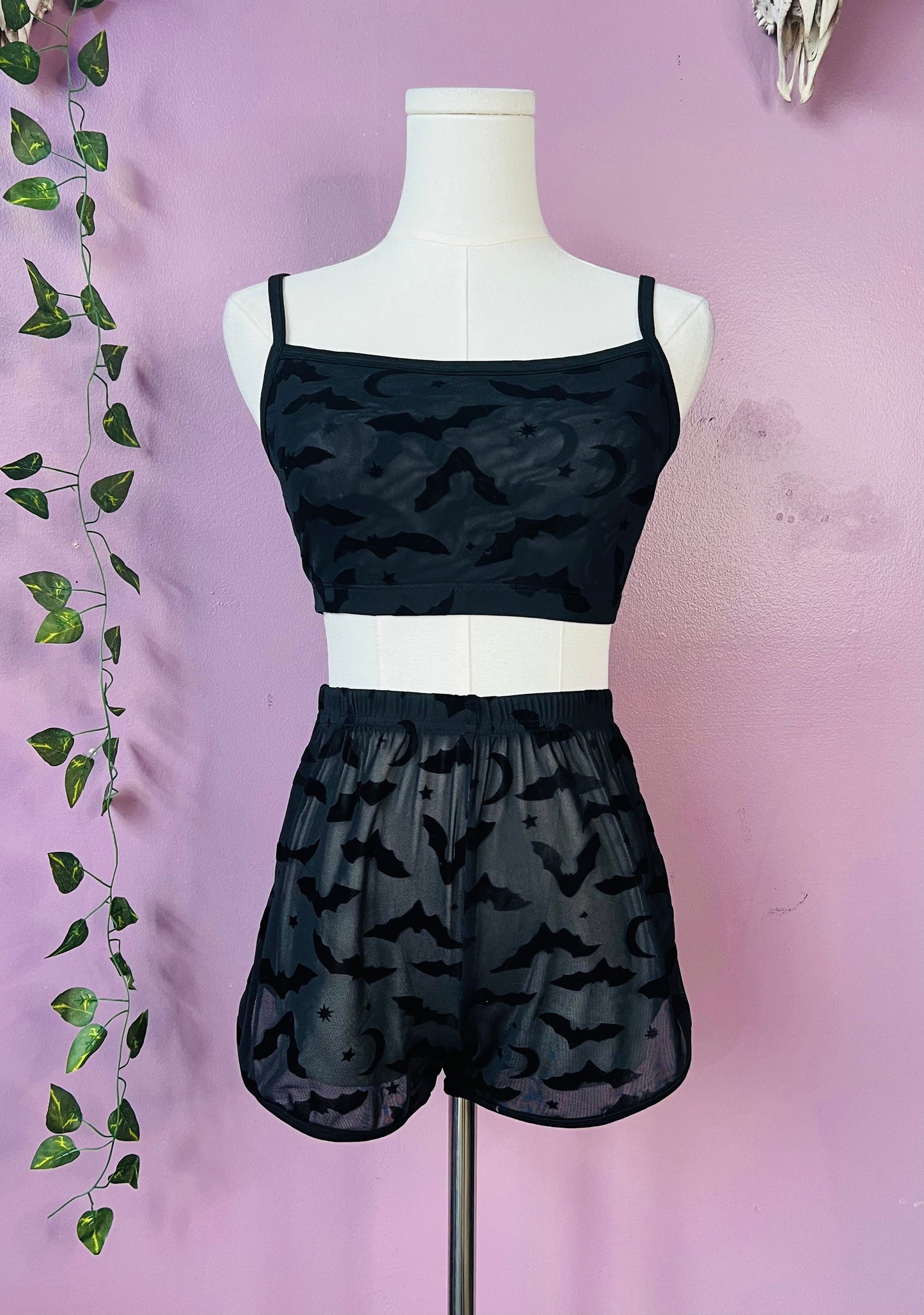 The Sinister Set - BATS - Sheer Velvet Flocked Bat Bra & Shorts Set - READY To SHIP