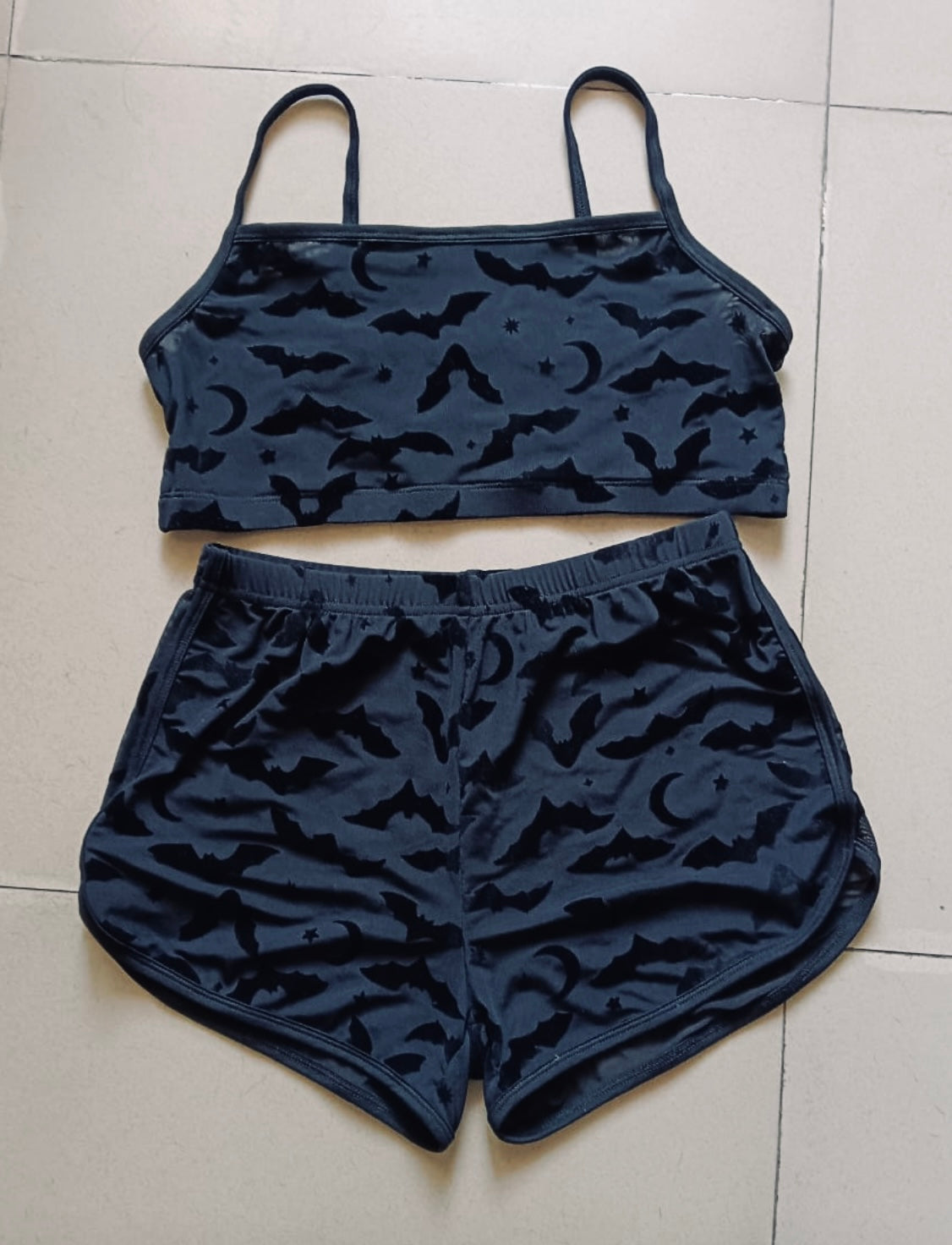 The Sinister Set - BATS - Sheer Velvet Flocked Bat Bra & Shorts Set - READY To SHIP