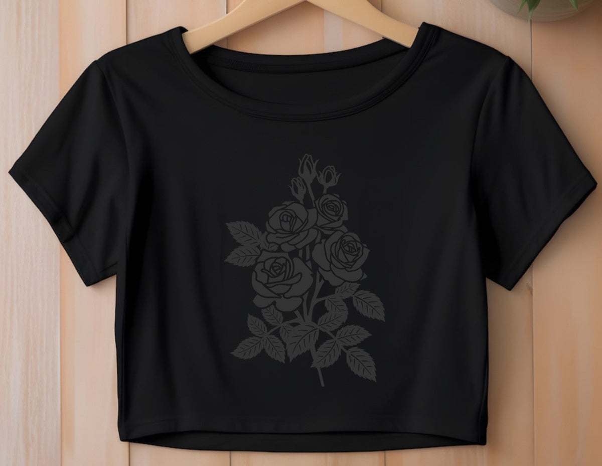 Cropped T-Shirt - Black Roses - Black on Black