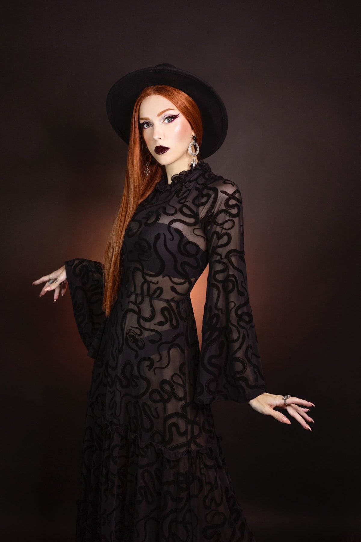 Sloane - Velvet Flocked Snake Maxi Dress with Bell Sleeves - READY-to-SHIP