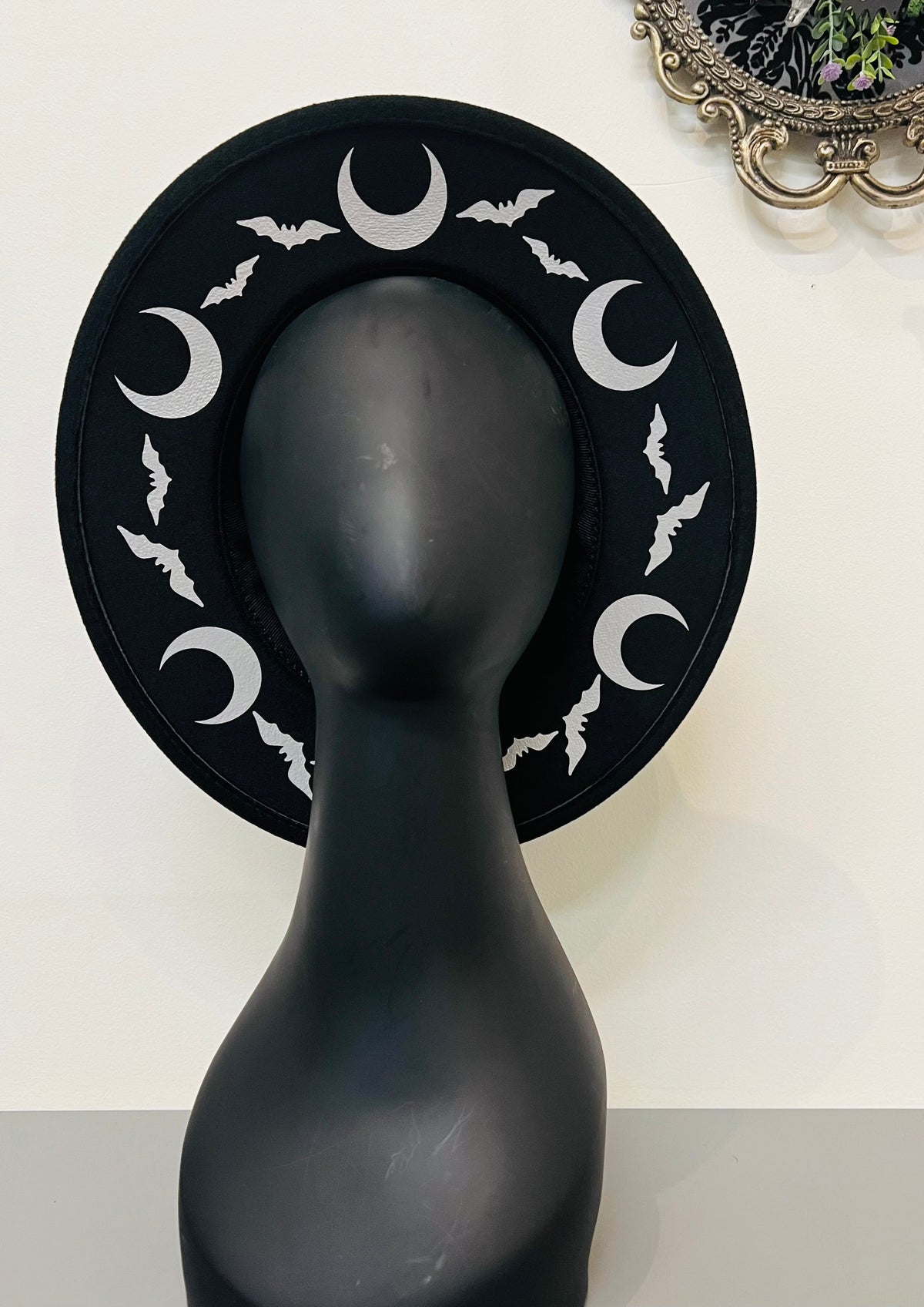 Vegan Felt Wide Brim Hat - Silver Bat moon