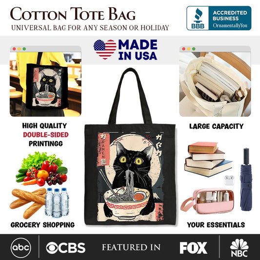 Kawaii Anime Cat Eating Ramen Canvas Tote Bag, Noodle Japanese Art Style Gift Bag