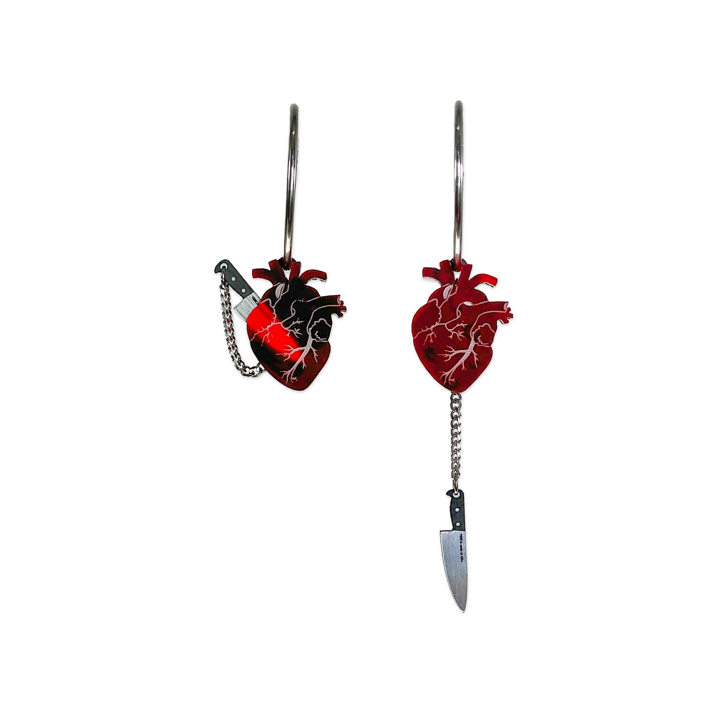 Chopped Heart Hoops - Drop Dead Red Silver Hoops