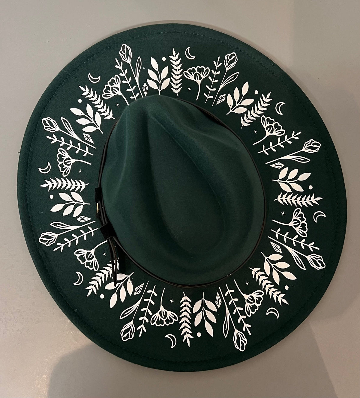 Vegan Felt Wide Brim Hat - XL Brim - Emerald - Botanicals