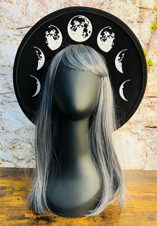 Vegan Felt Wide Brim Hat - Flat Top XL Brim - "large Moon Phase"
