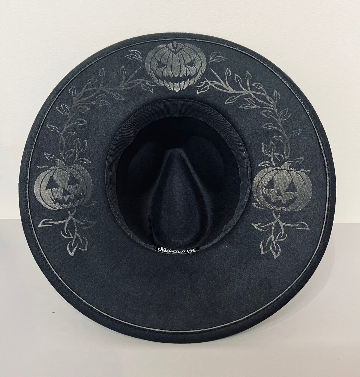 Vegan Felt Wide Brim Hat - XL Brim - Jack-O-vines (Black on Black)