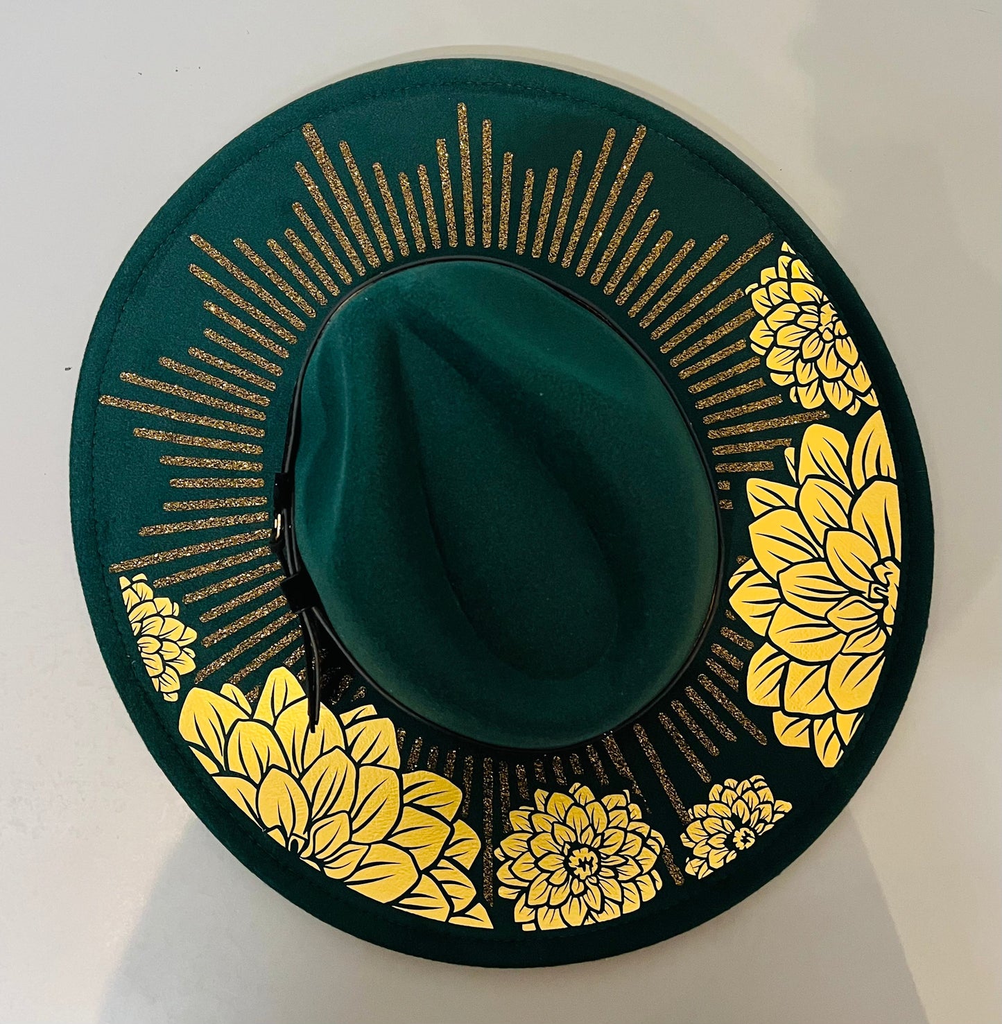 Vegan Felt Wide Brim Hat - XL Brim - Emerald - Dahlia Burst