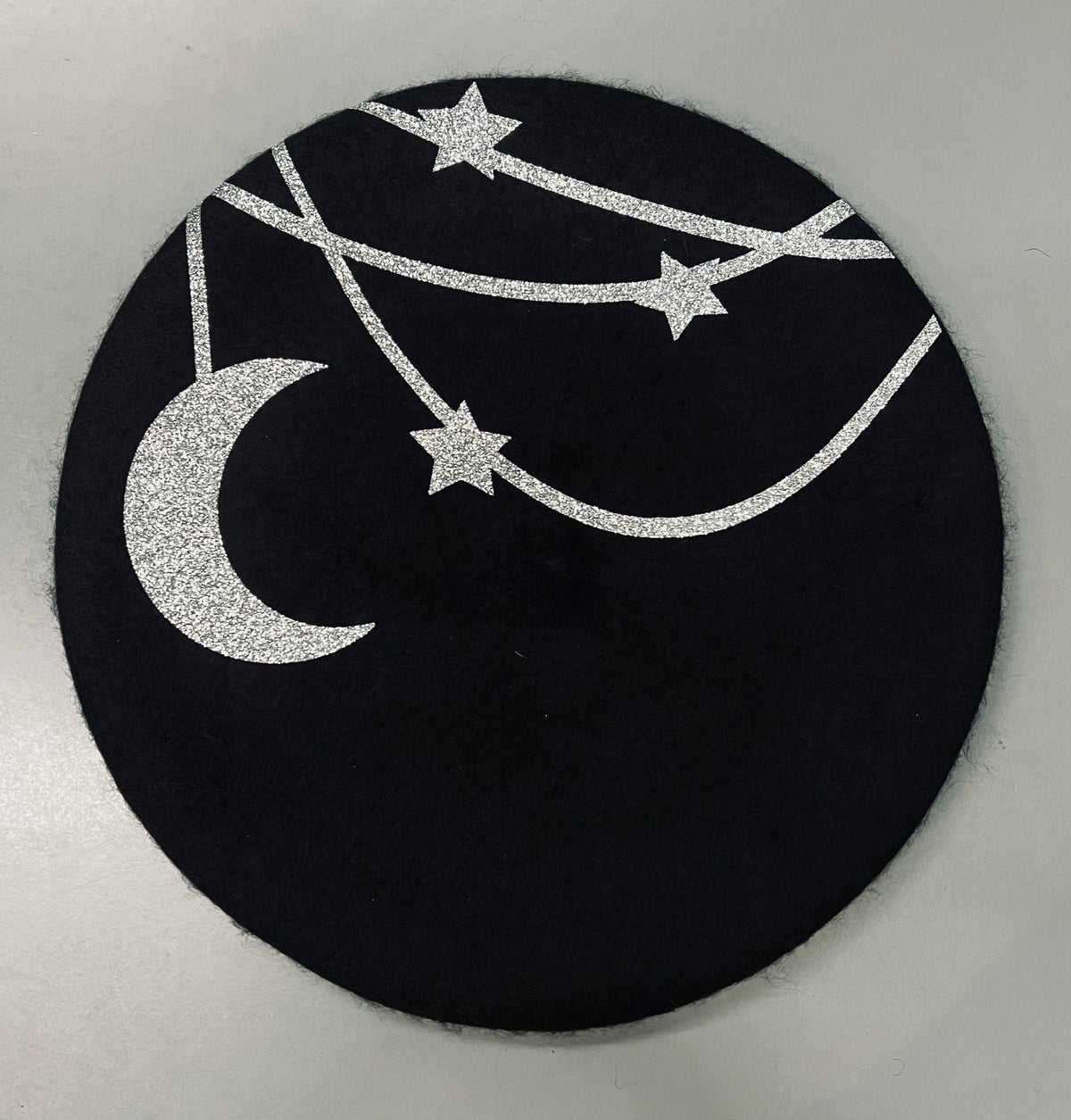 Vegan Beret - Hanging Moon & Stars (Silver Glitter)