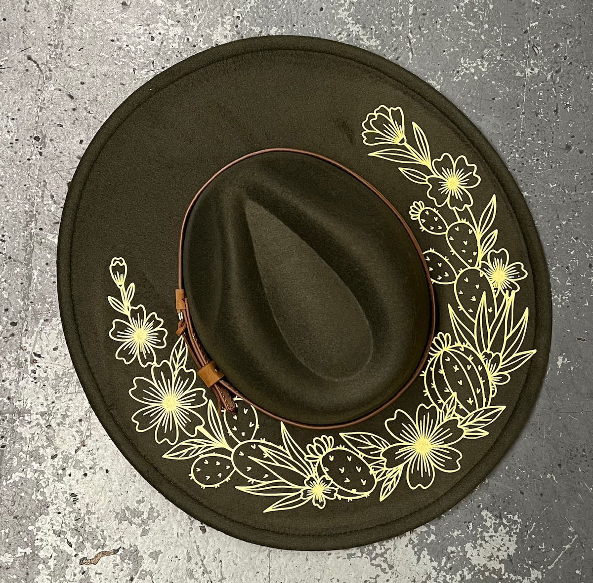 Vegan Felt Wide Brim Hat - XL Brim - Olive - Floral Cacti
