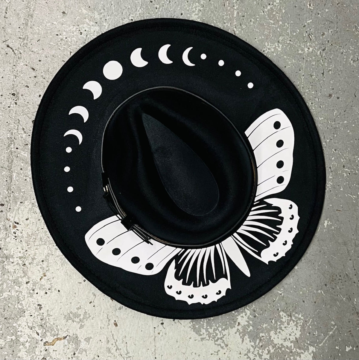 Vegan Felt Wide Brim Hat - XL Brim - Moon Phase Moth