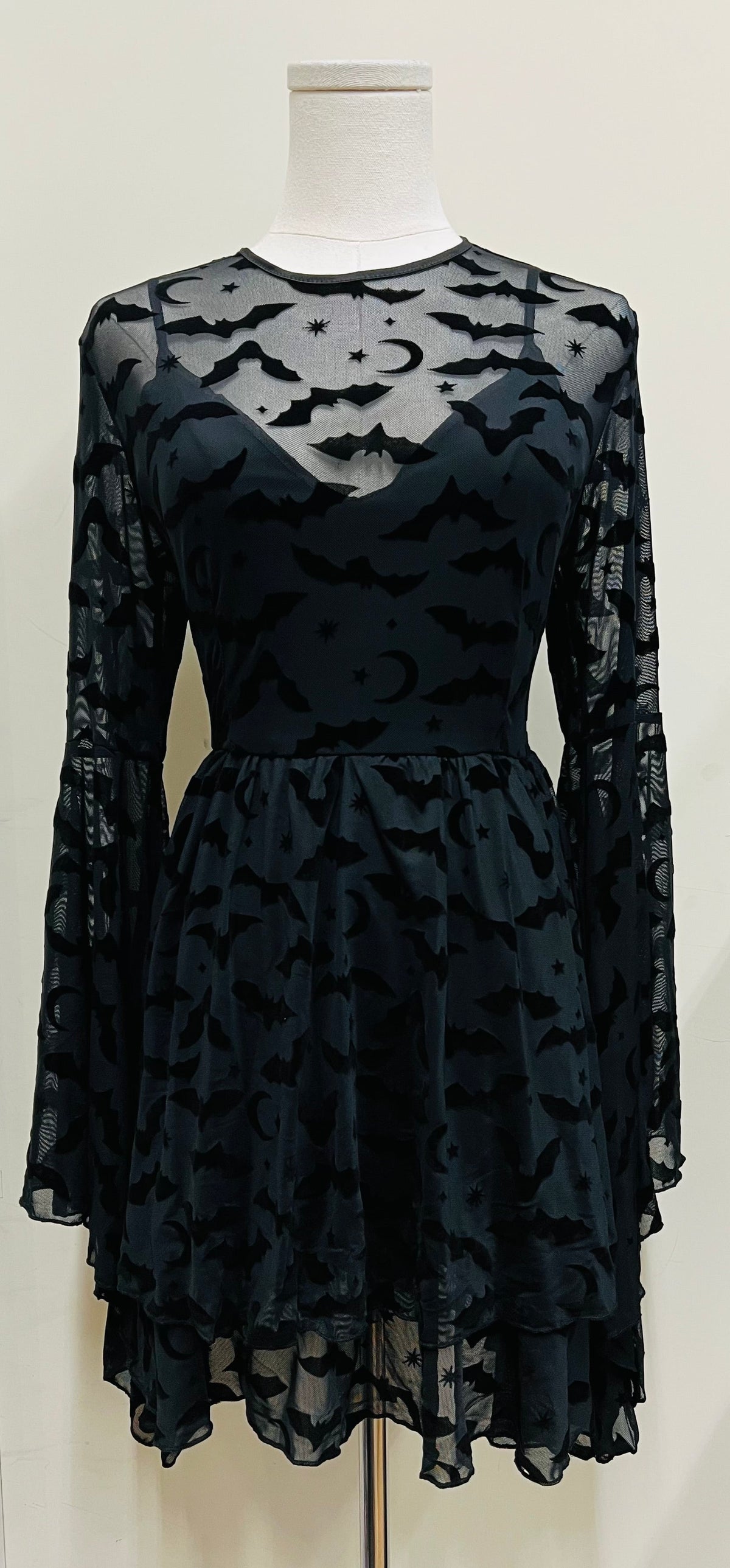 Dracuella - Velvet BATS Flocked Mini Dress with Witchy Bell Sleeves - READY TO SHIP