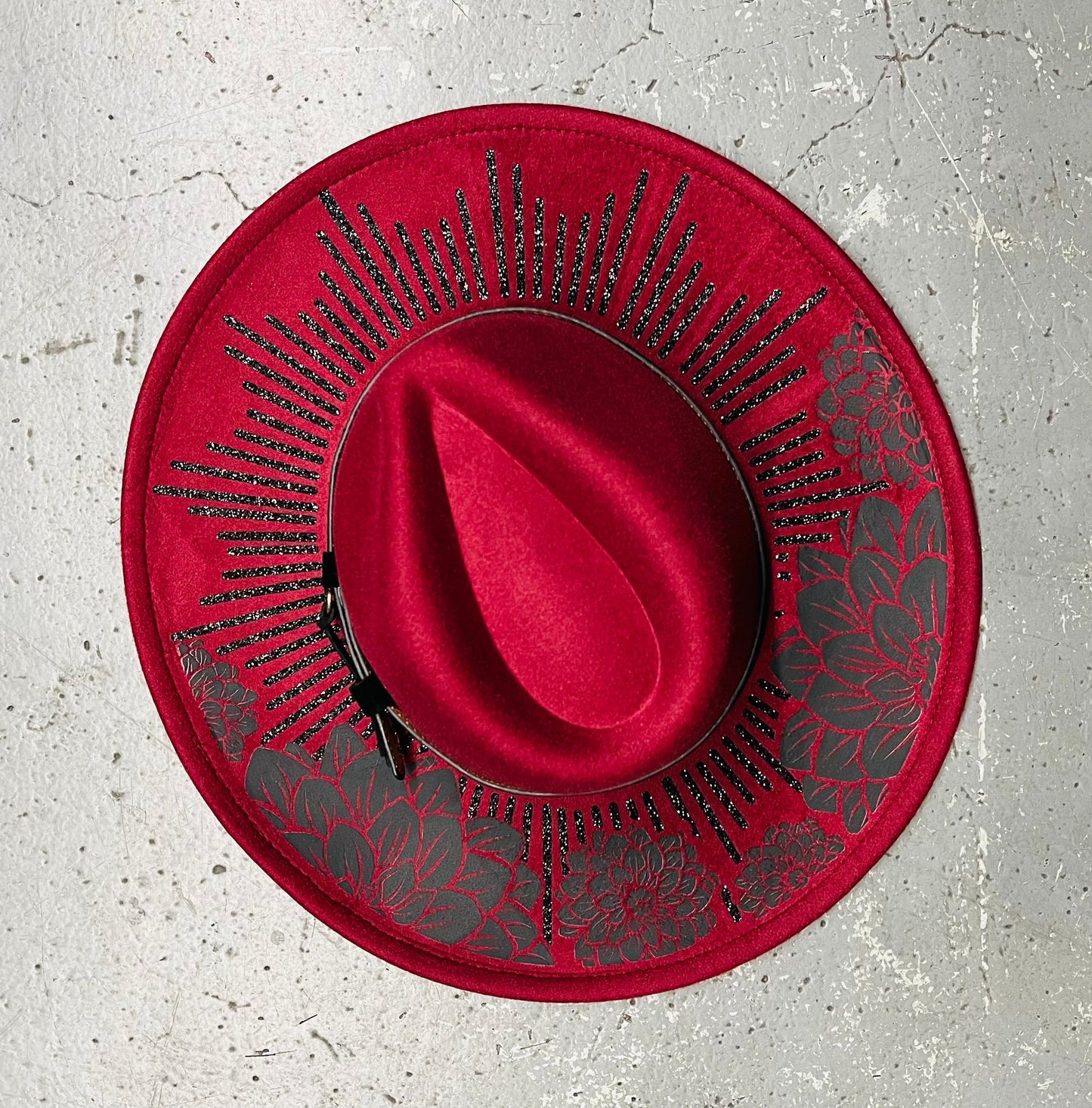 Vegan Felt Wide Brim Hat - XL Brim - Wine Red - BLACK Dahlia Burst