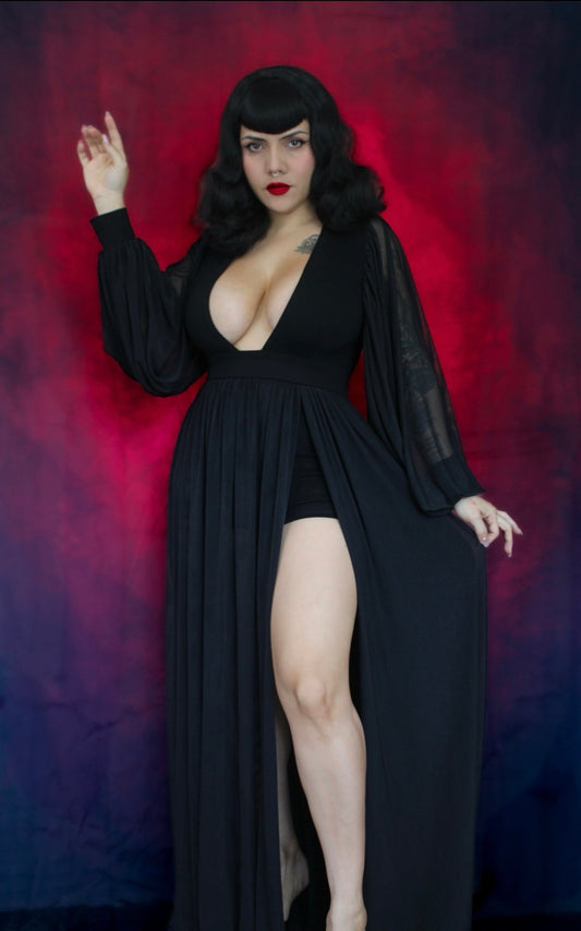 Minerva - Hauntingly Dramatic Mesh Maxi Dress with Built In Shorts - READY TO SHIP