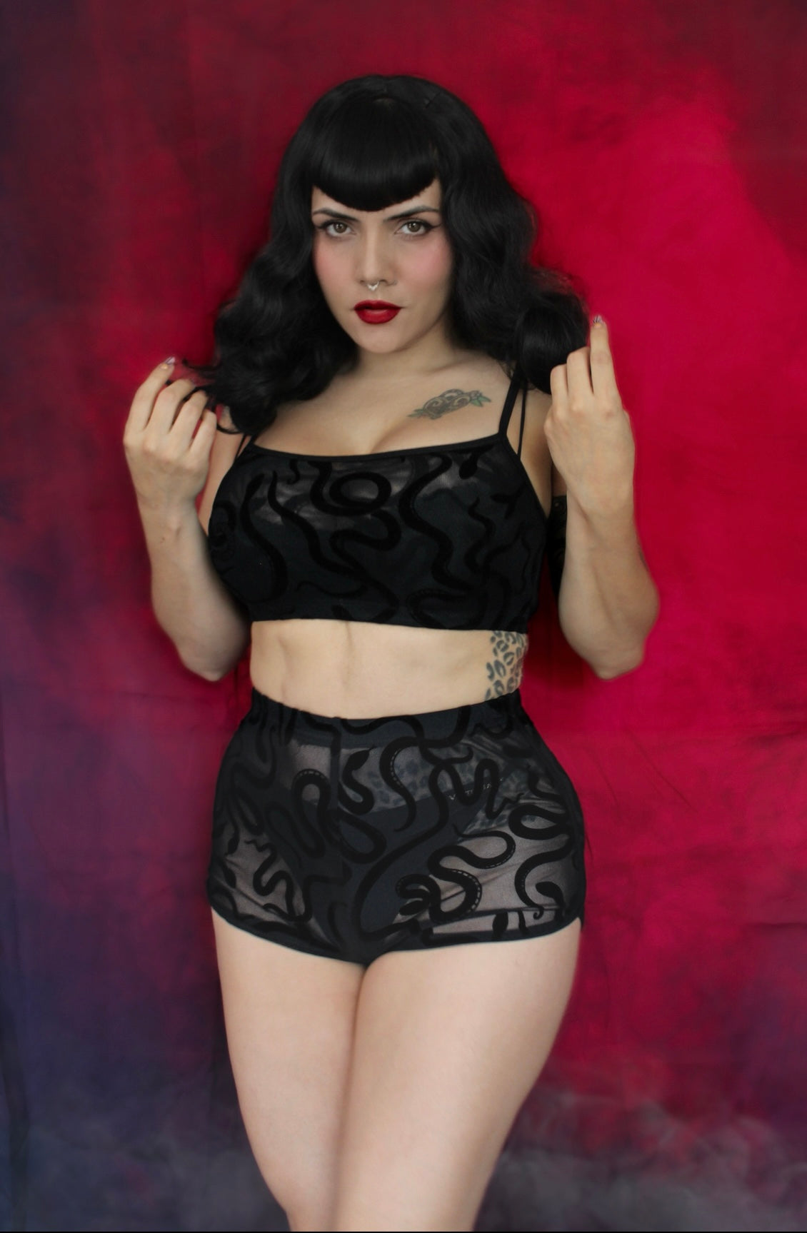 The Sinister Set - SNAKES - Sheer Velvet Flocked Snakes Bra & Shorts Set - READY To SHIP