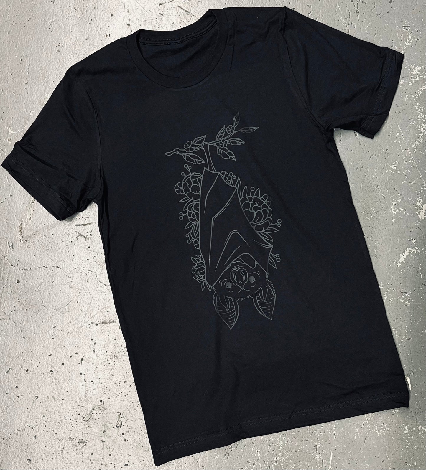 Black on Black - Floral Bat - Available in T-Shirt, Pullover, Hoodie, Tank or Long Sleeve