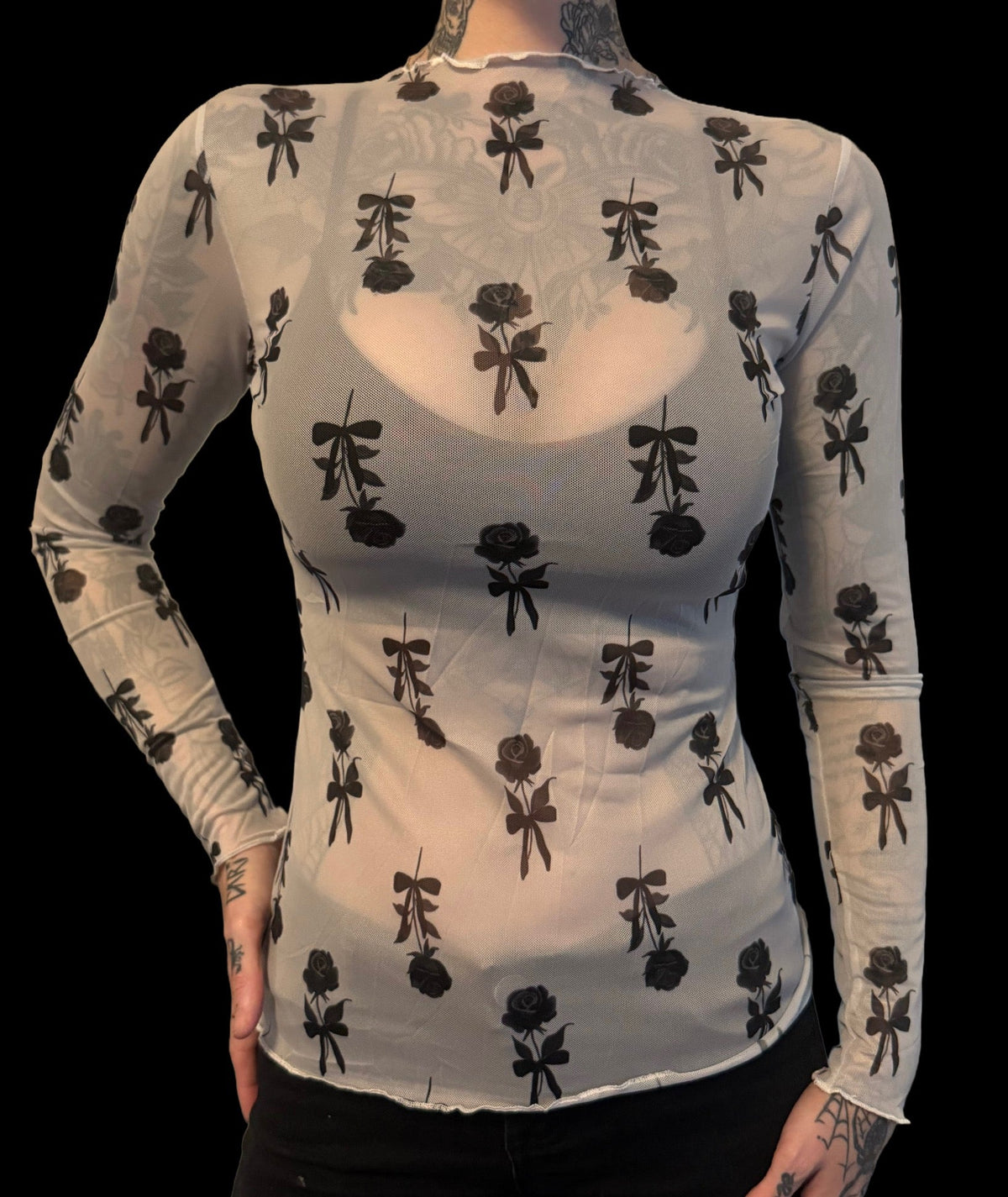 Sheer Mesh Top - Black Roses