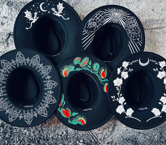 Vegan Felt Wide Brim Hat - XL Brim - "Dragons"