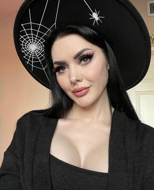 Vegan Felt Hat - XL Brim - Hanging Spider Web