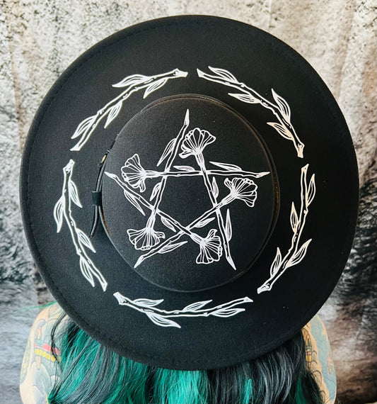 Vegan Felt Wide Brim Hat - Flat Top XL Brim - "Floral Pentacle"