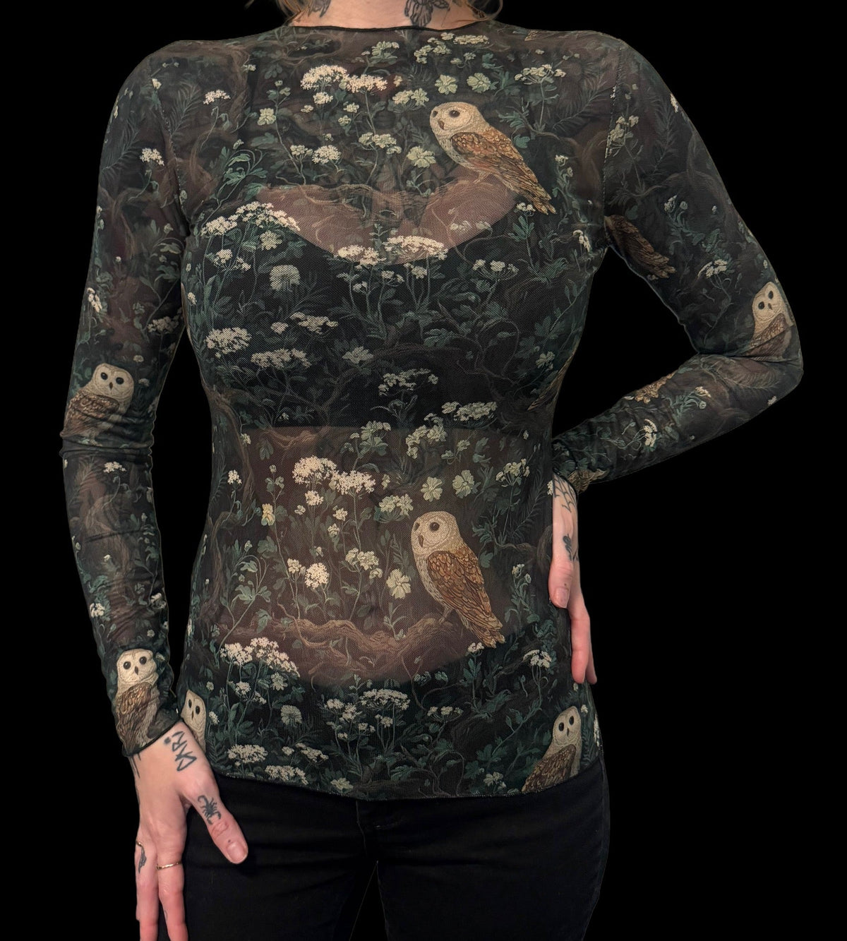Sheer Mesh Top - Floral Owls