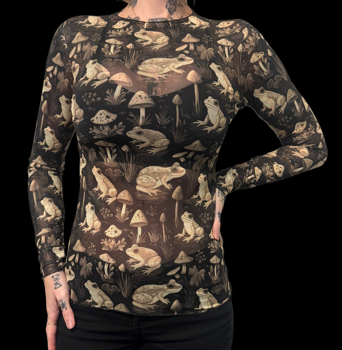 Sheer Mesh Top - Mushroom Frogs - Sepia