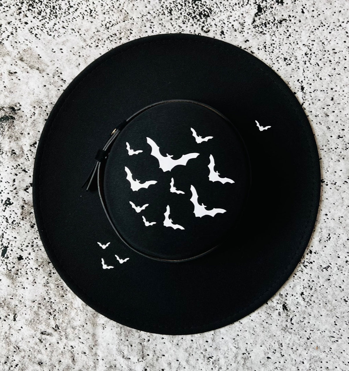Vegan Felt Wide Brim Hat - Flat Top XL Brim - "Bats"