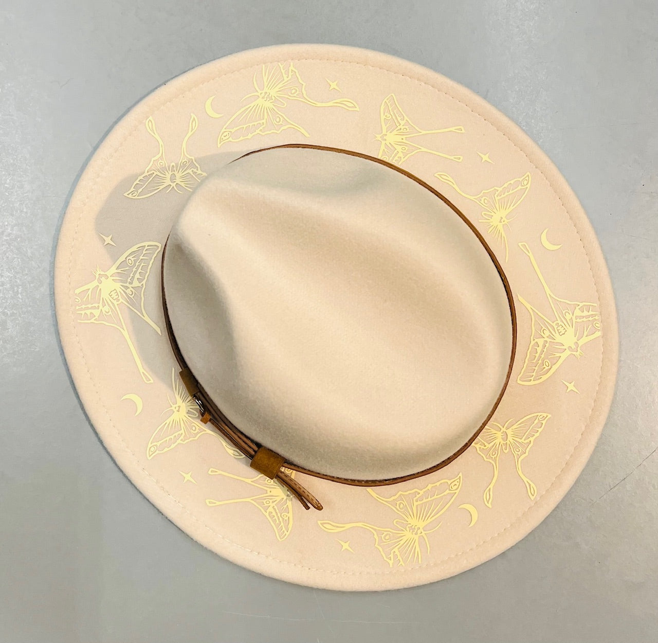 Fox & Fable - Vegan Felt Wide Brim Hat - Luna Moths - Cream on Cream