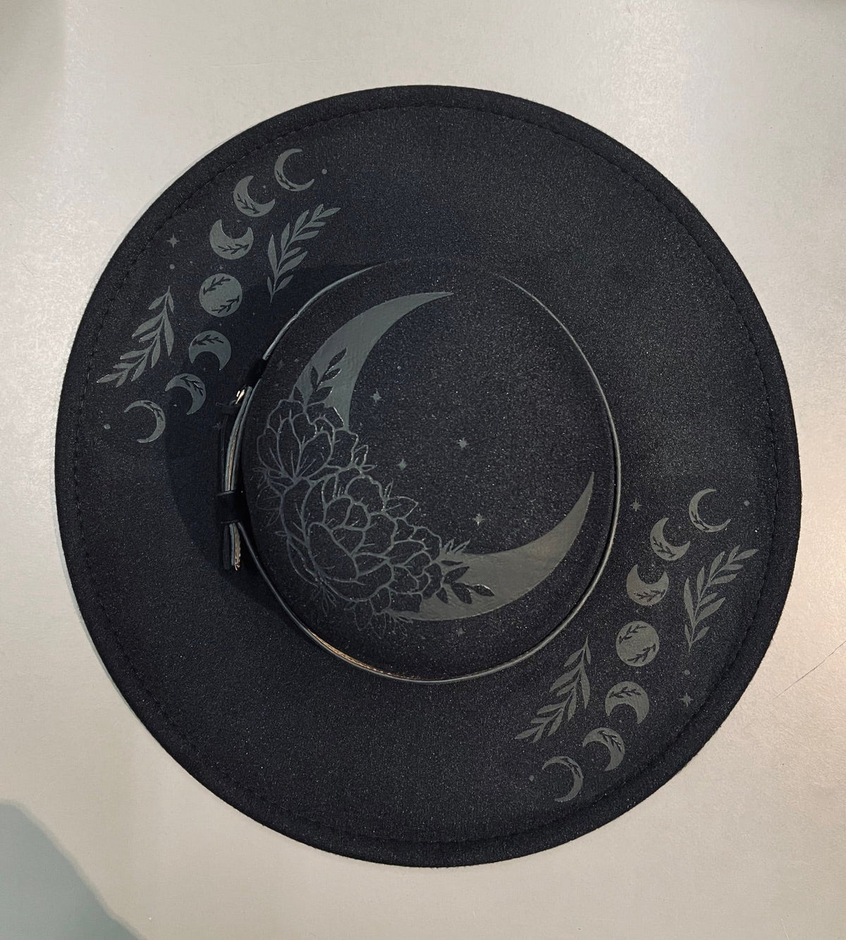 Vegan Felt Wide Brim Hat - Flat Top XL Brim - Floral moon - Black on Black