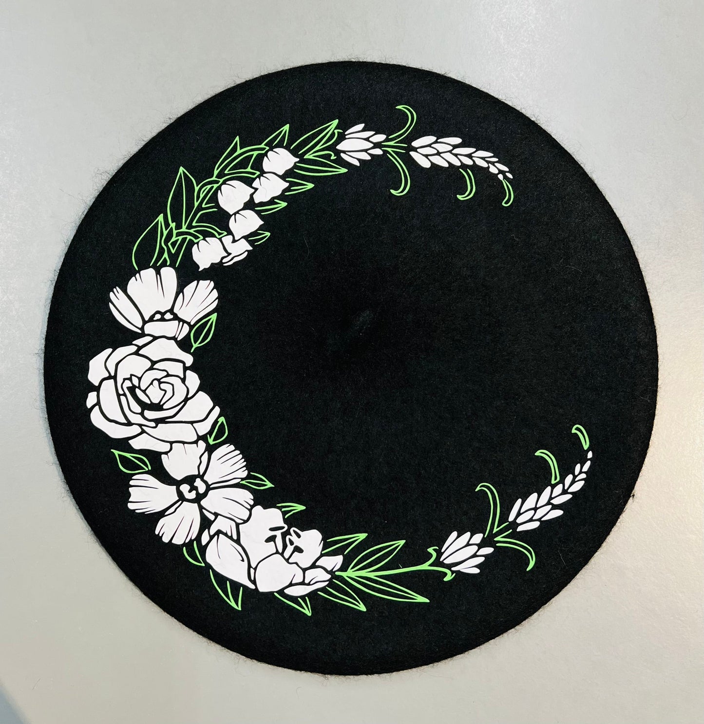Vegan Beret - Black - Floral Crescent Moon