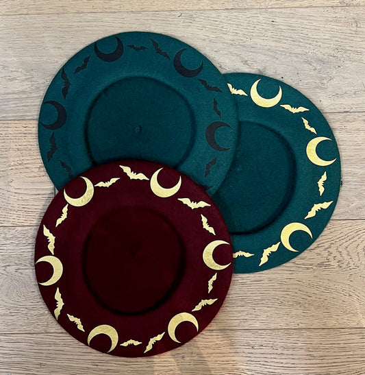 Vegan Beret - Emerald - Gold Bat Moon