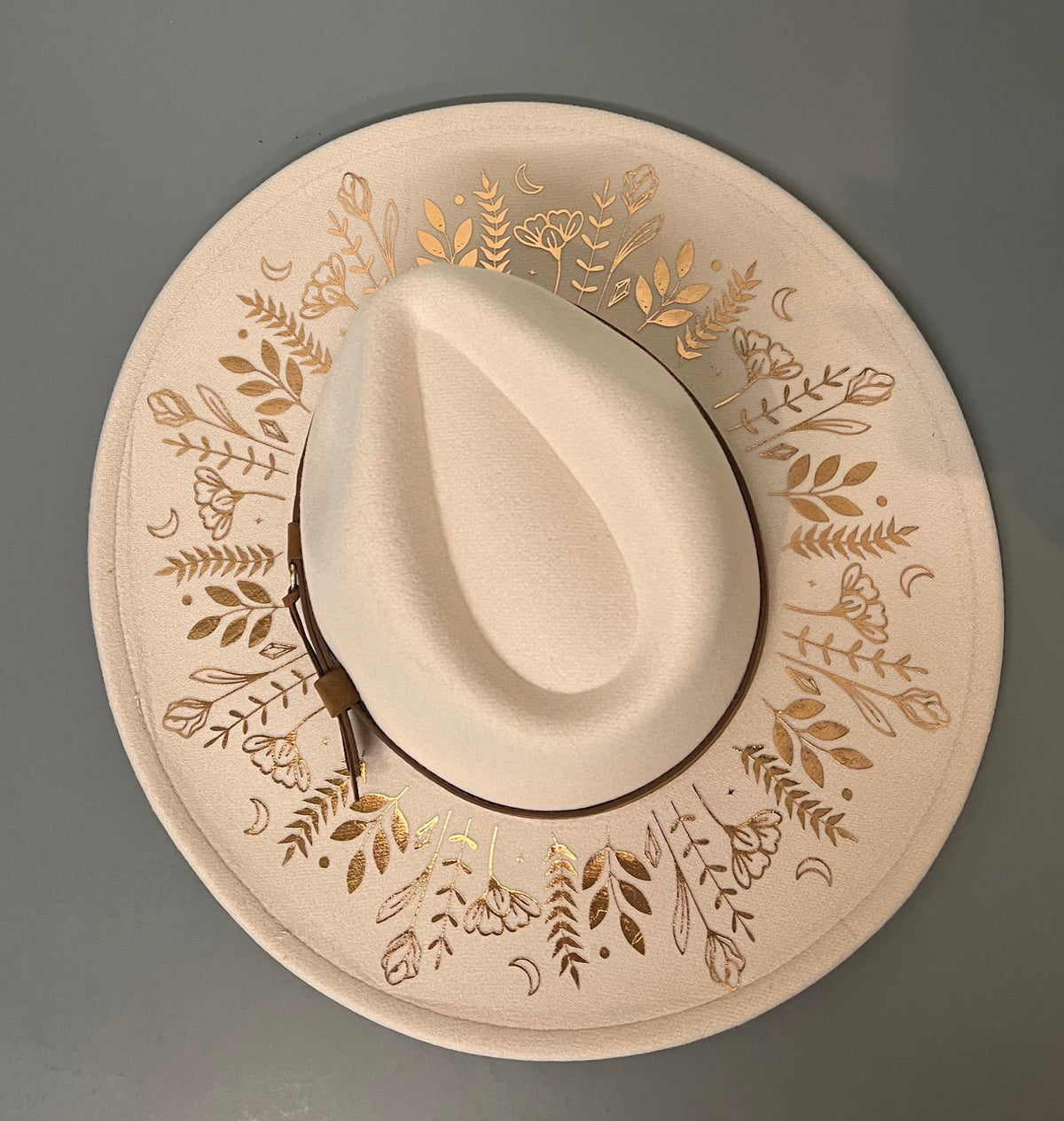 Vegan Wide Brim Hat - XL Brim - Cream Copper Foiled Botanicals - Ready to Ship