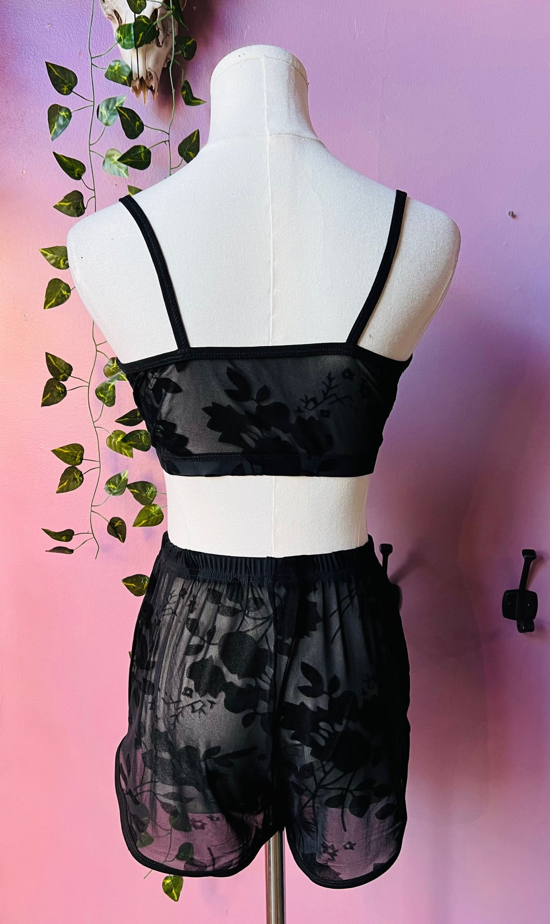 The Sinister Set - GOTHIC FLORAL - Sheer Velvet Flocked Floral Bra & Shorts Set - READY TO SHIP