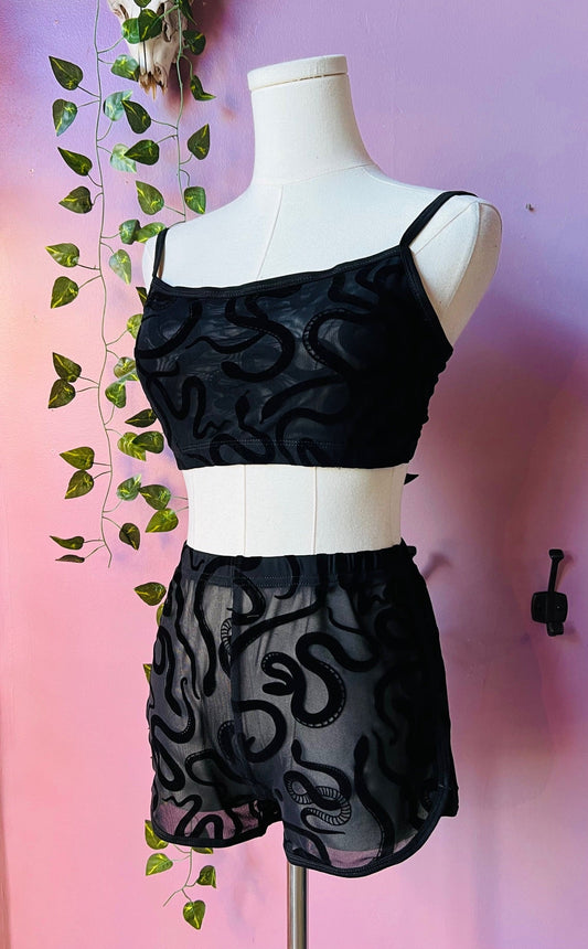 The Sinister Set - SNAKES - Sheer Velvet Flocked Snakes Bra & Shorts Set - READY To SHIP
