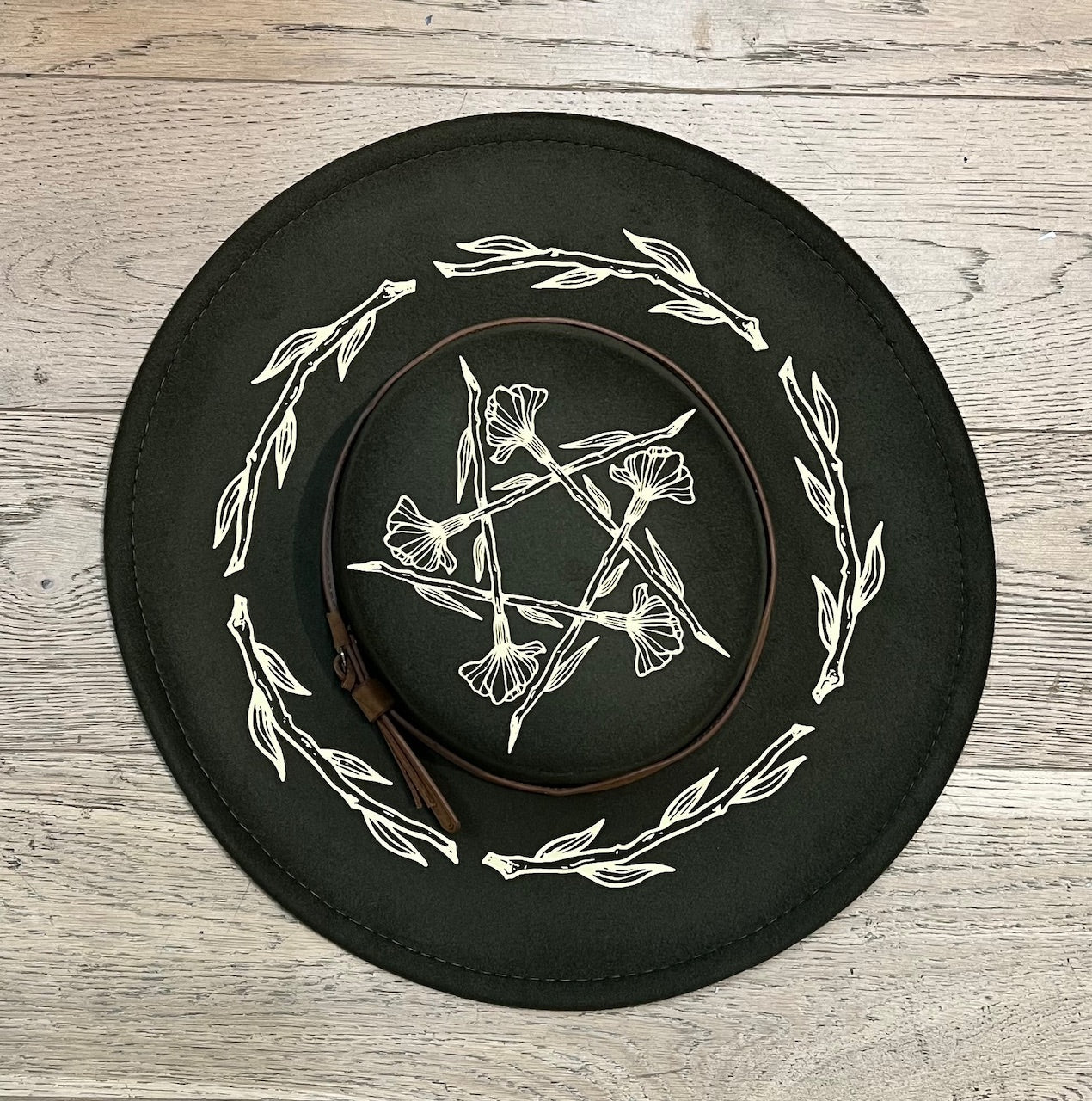 Vegan Felt Wide Brim Hat - Flat Top - Olive - Floral Pentacle