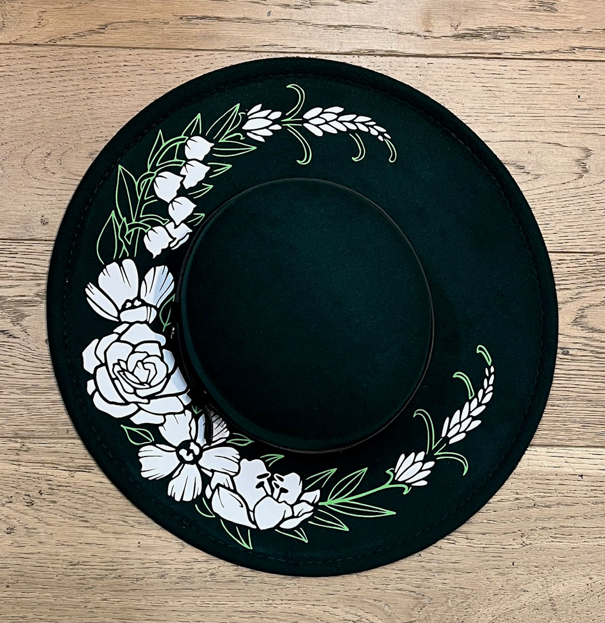 Vegan Felt Wide Brim Hat - Flat Top - Emerald - Floral Crescent Moon