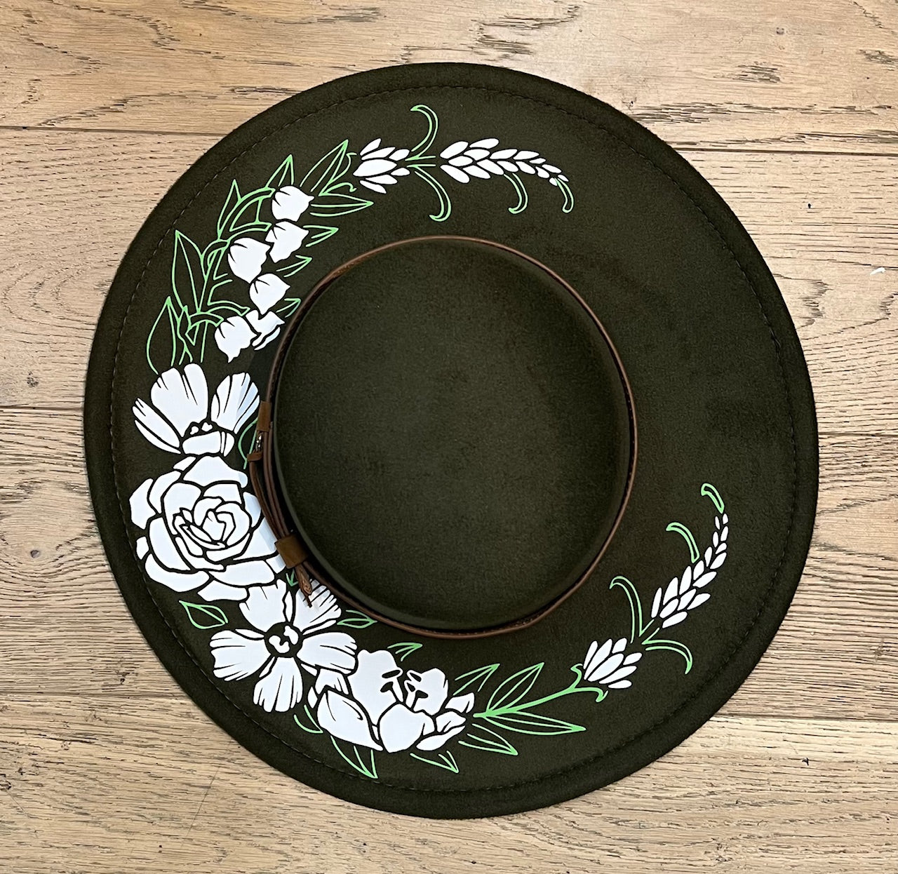 Vegan Felt Wide Brim Hat - Flat Top - Olive - Floral Crescent Moon