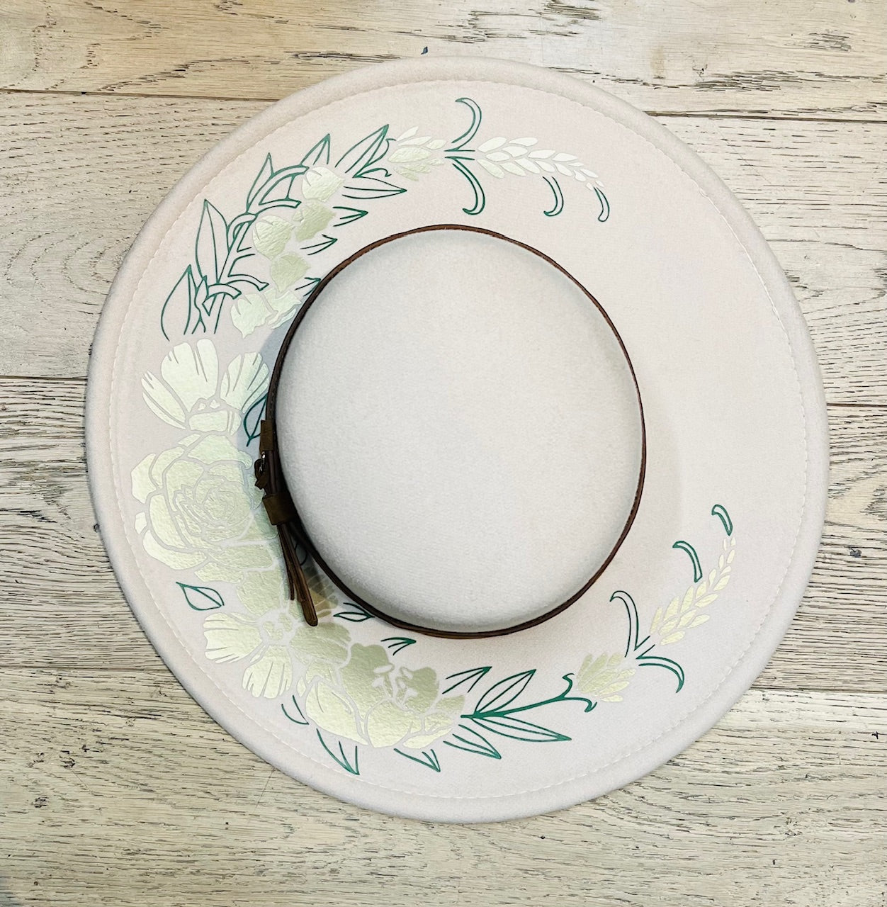 Vegan Felt Wide Brim Hat - Flat Top - Cream - Floral Crescent Moon