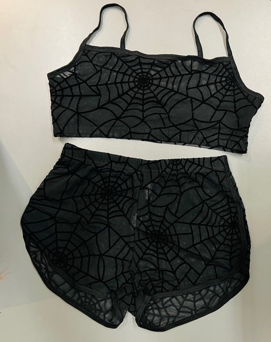 The Sinister Set - WEBS - Sheer Velvet Flocked Spider Web Bra & Shorts Set - READY To SHIP