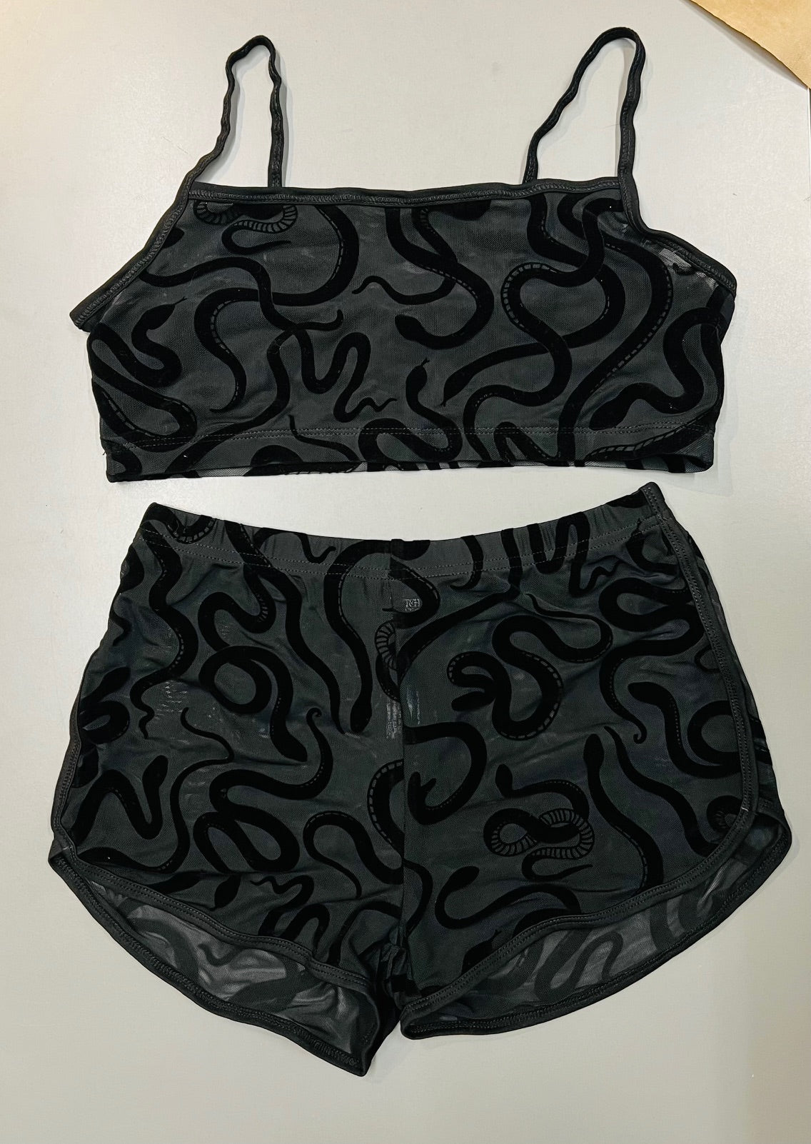 The Sinister Set - SNAKES - Sheer Velvet Flocked Snakes Bra & Shorts Set - READY To SHIP
