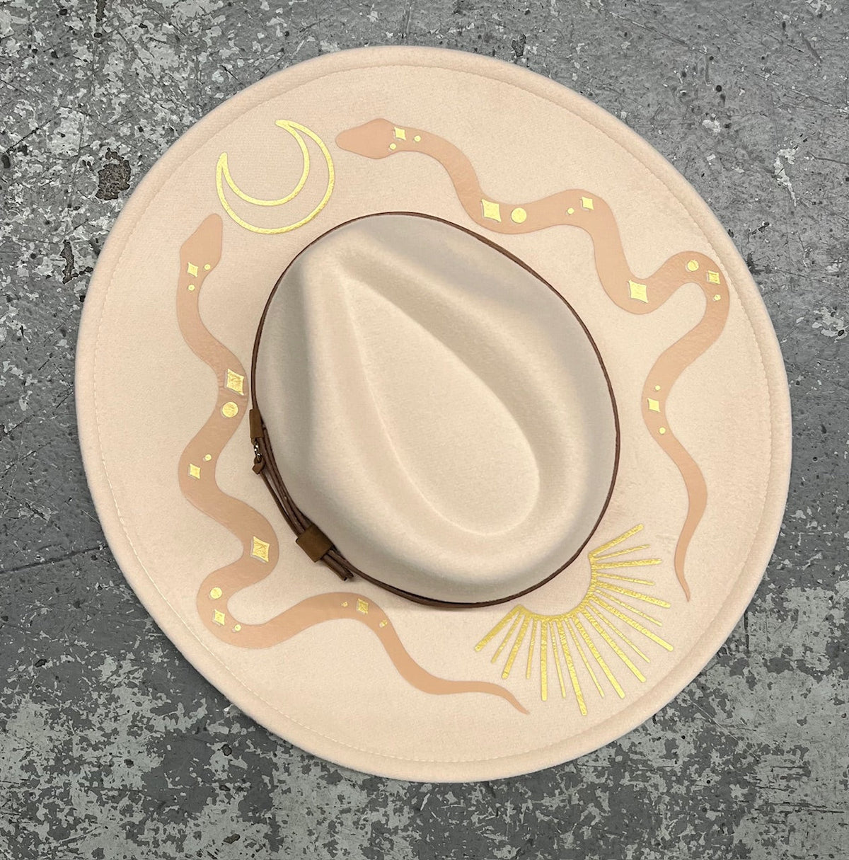 Vegan Felt Wide Brim Hat - XL Brim - Cream - Western Snakes