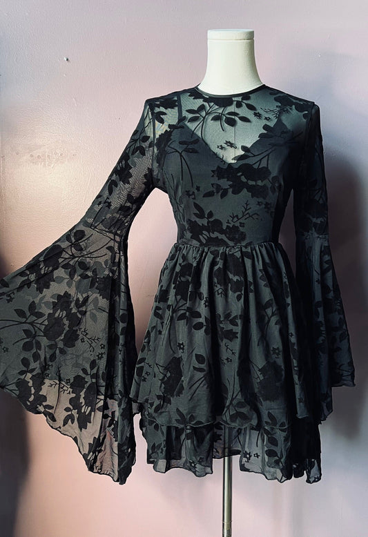 MELANTHA - Velvet GOTHIC FLORAL Flocked Mini Dress with Witchy Bell Sleeves - READY TO SHIP