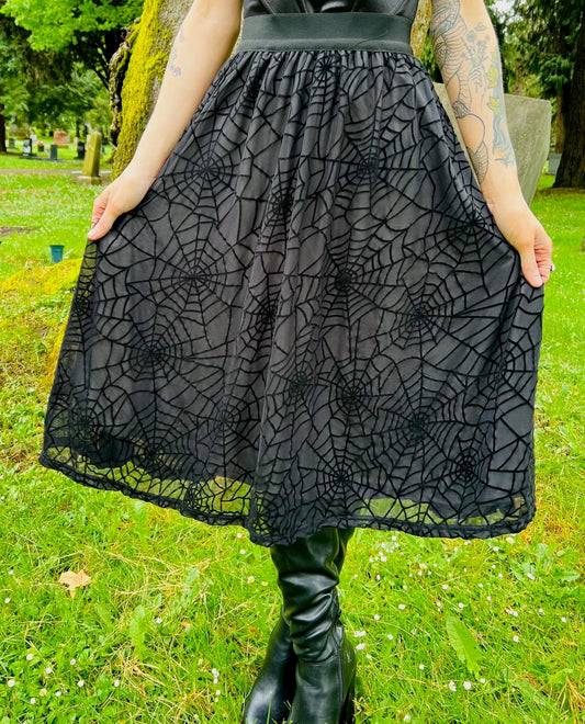 The Aradia Skirt - Velvet Spider Web Flocked Full SKIRT - READY TO SHIP
