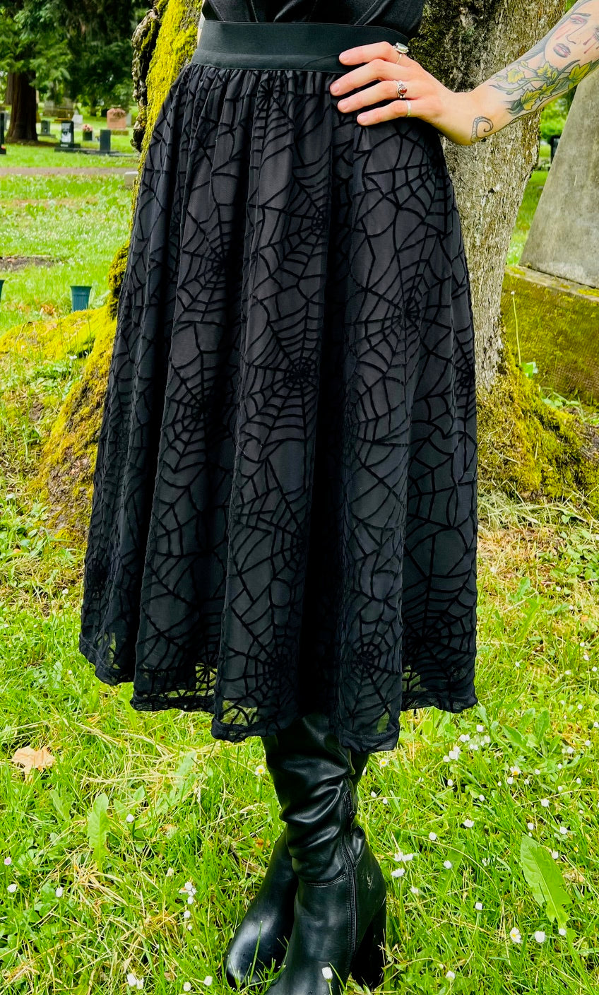 The Aradia Skirt - Velvet Spider Web Flocked Full SKIRT - READY TO SHIP