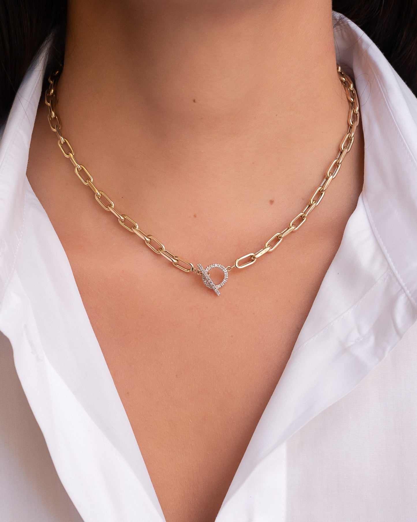 14k Gold Large Open Link Chain with Diamond Toggle Necklace