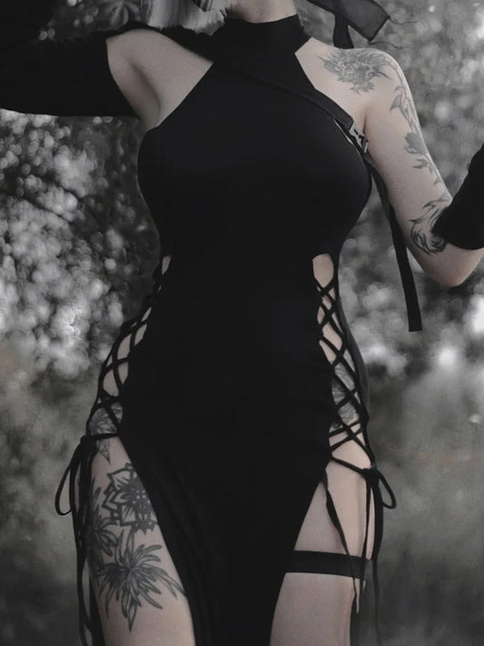 Halter High Split Black Dress