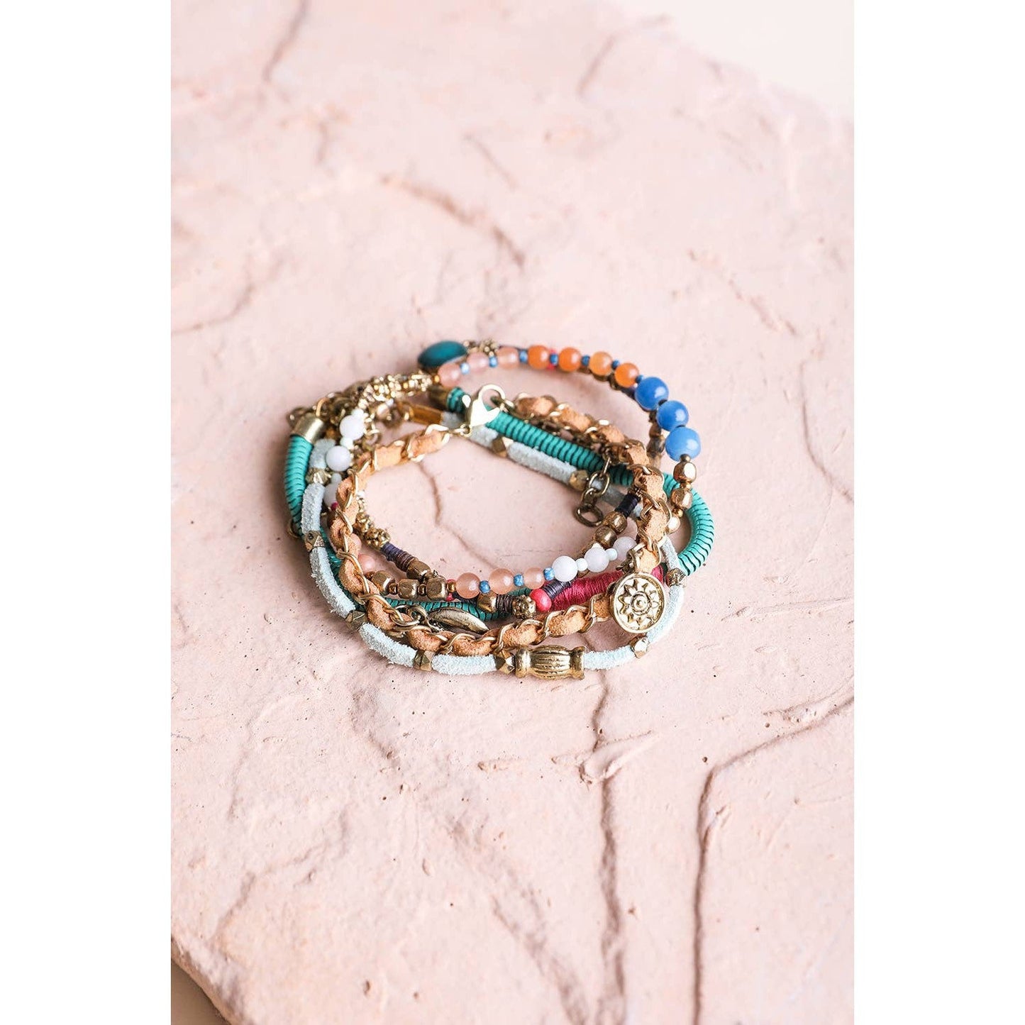 Teal Multi Suede Stack of 5 Bracelets | Boho Layering Jewelry